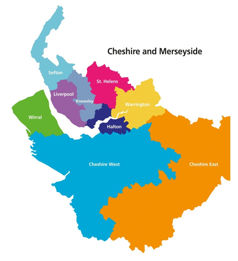 Map showing Cheshire and Merseyside coverage areas including Liverpool, Wirral, Knowsley, St Helens, Warrington, Halton, Cheshire West and Cheshire East